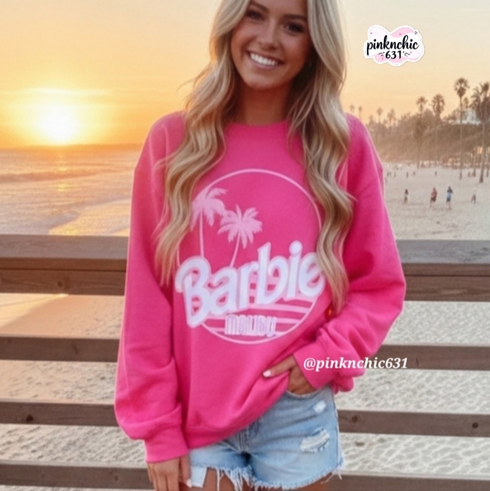 Barbie Malibu Hot Pink Graphic Logo Crewneck Sweatshirt Size Large